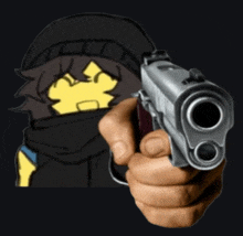 a person holding a gun with a yellow face on it