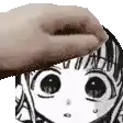 a hand is touching a cartoon girl 's head .