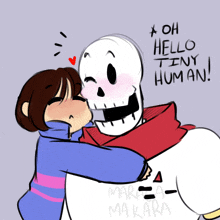 a drawing of a girl kissing a skeleton with the words oh hello tiny human written on the bottom