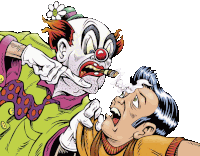 a cartoon of a clown smoking a cigar with a flower in his hair