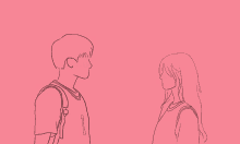 a drawing of a man and a woman looking at each other on a pink background