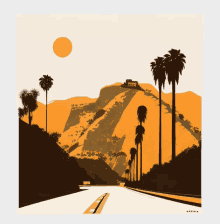 a drawing of a road with palm trees and a mountain in the background