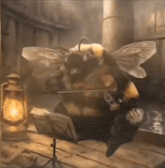 a bee is playing a violin in a dark room .