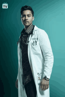 a man in a doctor 's coat with a name tag that says ' spoiler tv ' on it