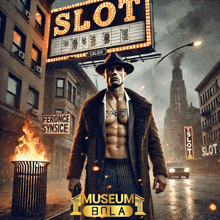 a man in a suit and hat stands in front of a sign that says slot