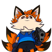 a cartoon fox is holding a gun and wearing a blue shirt