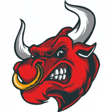 a cartoon illustration of a red bull with horns and a ring in its nose .