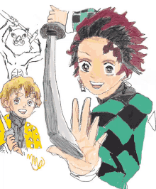 a drawing of a boy holding a sword with a drawing of another boy holding a sword in the background