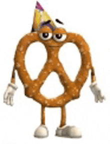 a pretzel with arms , legs and a party hat on .