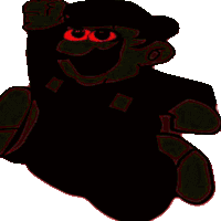 a black cartoon character with red eyes and a hat on