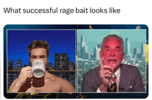 a picture of a shirtless man holding a coffee mug next to a picture of a man in a suit with a red face