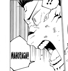 a black and white drawing of a man 's face with a speech bubble that says mahoraga !