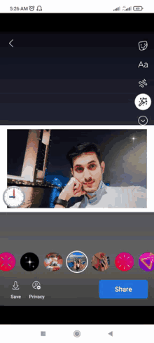 a phone screen shows a picture of a man and a clock and a share button