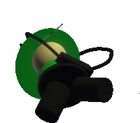 a green and black object with a yellow ball inside