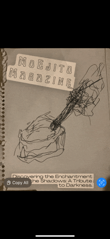 a drawing of a guitar is on the cover of a magazine titled mojito magazine