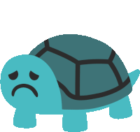 a blue turtle with a sad face on its head