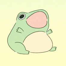 a green frog with a big pink mouth is sitting on a yellow surface