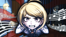 a girl with blonde hair is surrounded by music notes and a man