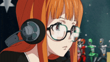 a girl wearing headphones and glasses is looking at something in front of a group of skeletons .