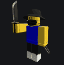 a roblox character wearing a mask and a hat is holding a sword