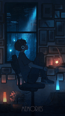 a drawing of a person sitting in front of a window with the word memories on the bottom right