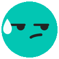 a blue smiley face with a sweat drop on its forehead and a sad look on its face .