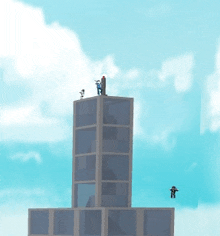 a cartoon of a man standing on top of a building .