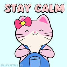 a pink cat with overalls and a bow on its head says stay calm