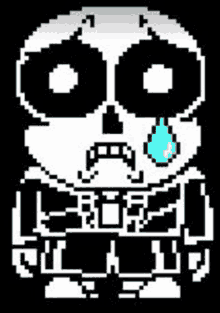 a pixel art of a skeleton with a blue eye and a tear coming out of his mouth .