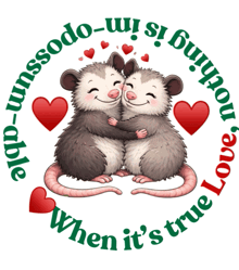 a couple of opossums hugging with the words " when it 's true love " surrounding them