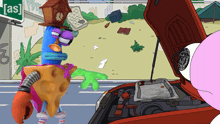 a cartoon character with a clock on his head stands next to a car with its hood open