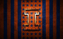 an orange and blue striped background with the letter t in the center