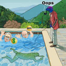 a cartoon shows a man in a red jacket standing next to a man in a pool with sec on his head