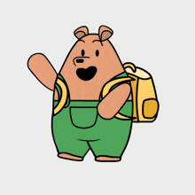 a cartoon of a bear wearing green overalls and carrying a yellow backpack