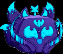 a cartoon drawing of a purple monster with blue horns and wings