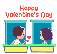 a happy valentine 's day greeting card with a boy giving a heart to a woman