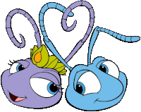 a purple and a blue cartoon character with hearts on their tails