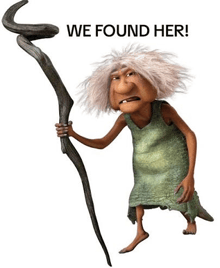 a cartoon character from the movie croods is holding a wooden stick .