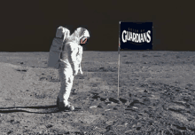 an astronaut is standing on the moon near a flag that says guardians