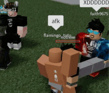 a group of roblox characters are standing next to each other on a field .