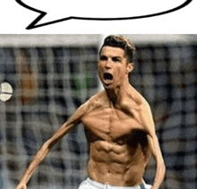 a shirtless soccer player with a speech bubble behind him .