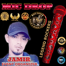 a poster for jamir event organizer with a red microphone in the foreground