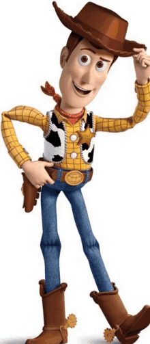 woody from toy story is wearing a plaid shirt and brown boots