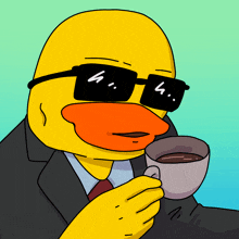 a cartoon duck wearing sunglasses and a suit holds a cup of coffee