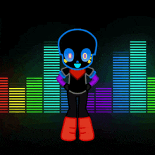 a cartoon character stands in front of a colorful equalizer