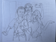 a drawing of three people taking a selfie with a camera