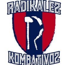 a red , white and blue shield with a hammer and the words `` radicalez combativo '' .