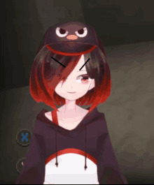 a girl with red hair is wearing a hat with an angry bird on it