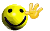 a yellow smiley face with black eyes and a yellow hand