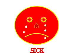 a red circle with a sad face and the word sick underneath